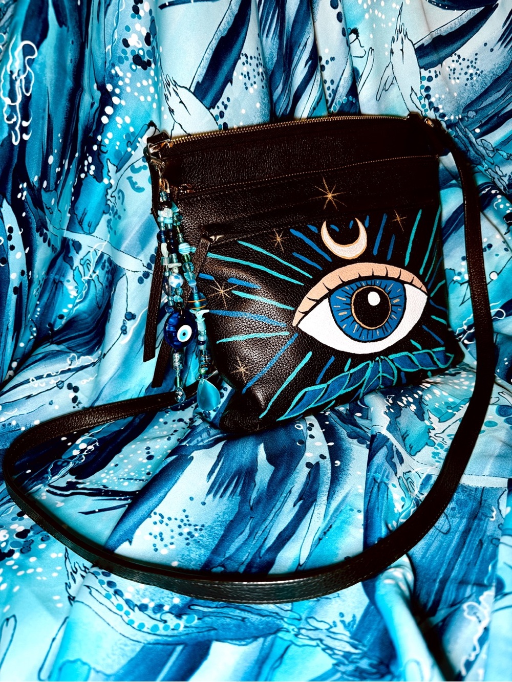 Black Leather Evil Eye Hand Painted Crossbody Purse with Custom Purse Charm